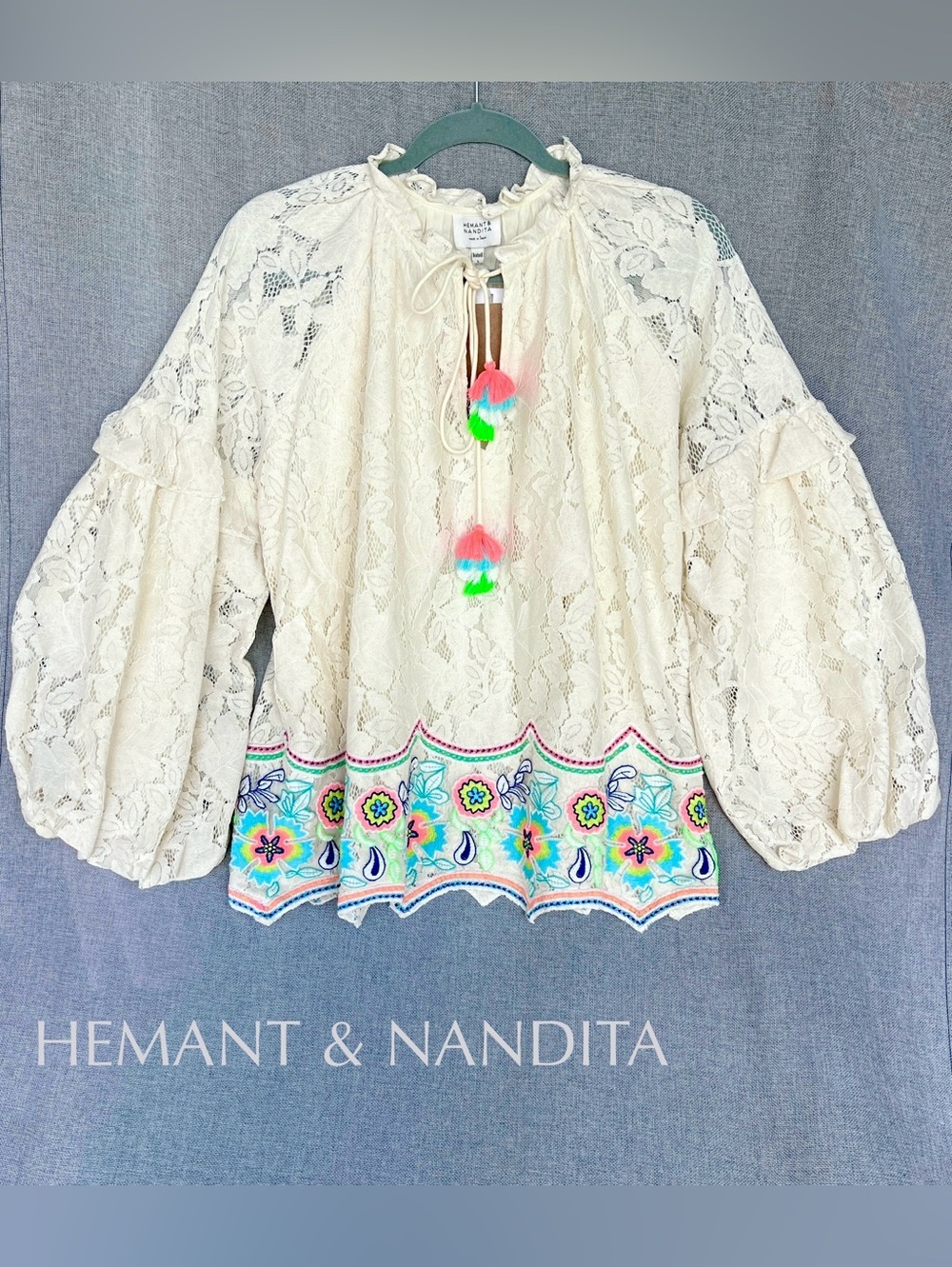HEMANT & NANDITA Aurora Cotton Lace wide sleeve tie up tassel blouse cream L